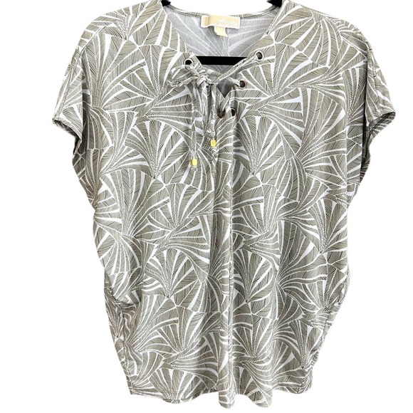 Michael Kors Tops - Michael Kors Women Small Top Lace Up V-Neck Green White Palm Fan Geometric Print